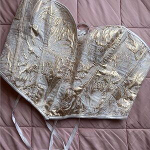 White Gold Brocade Corset Bustier Lace Up Back Structured Top